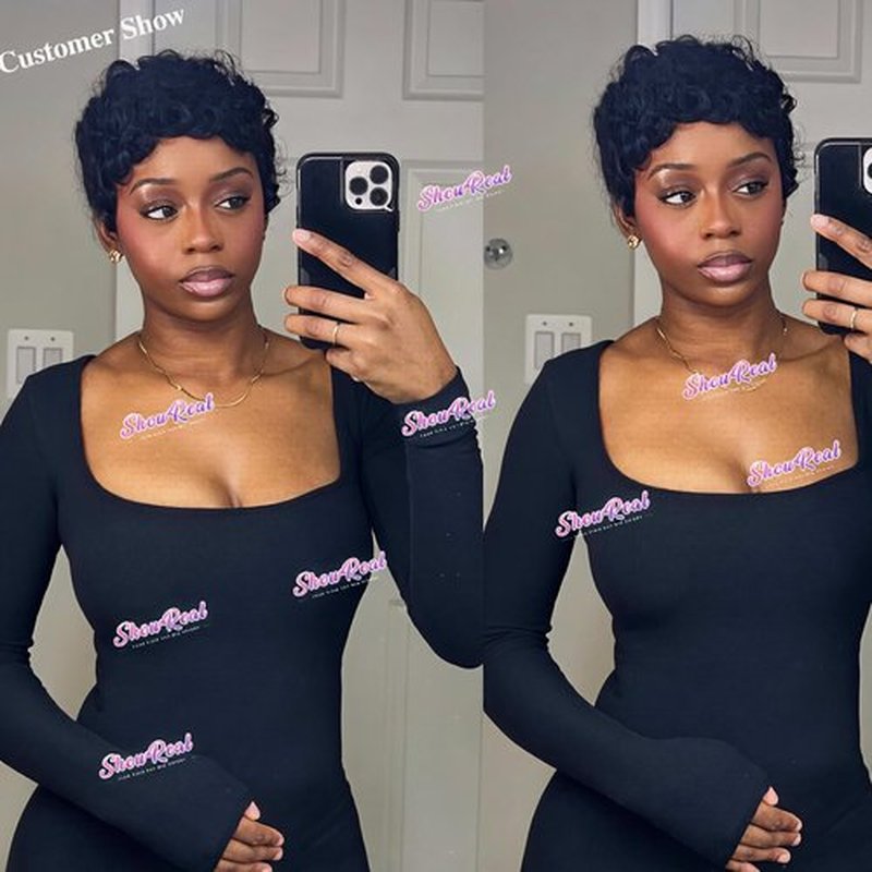 showreal Pixie Cut Wigs Human Hair for Black Women Short Pixie Cut Wigs 100% Real Human Hair Lightweight Glueless Natural Black Layered Pixie Wig(025-1B)