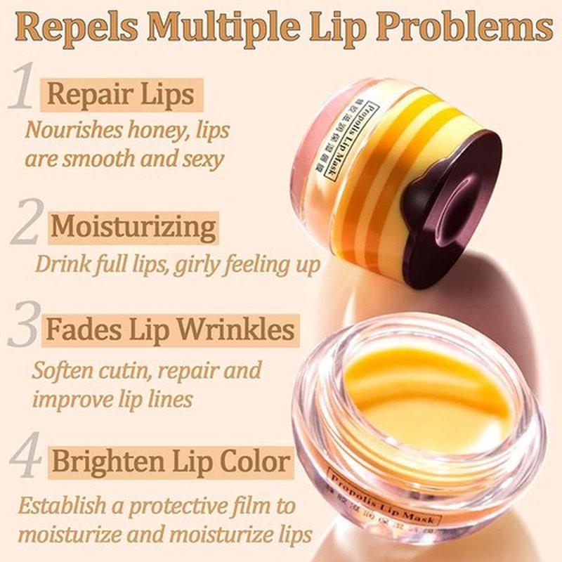Bee Lip Balm Honey Pot, 4 Pack Honey & Strawberry Lip Mask Propolis Lip Mask Moisturizing Hydrating Prevention Dry and Cracked Lip Scrubs Exfoliator (2 Honey+2 Strawberry) (D#)