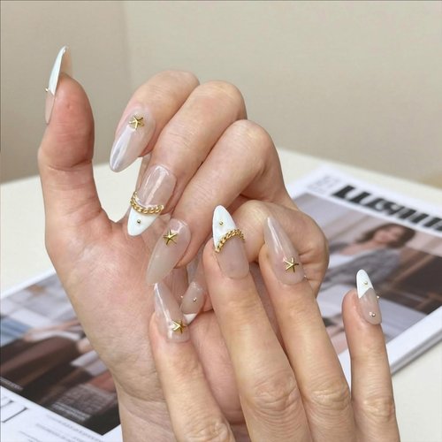 Handmade Press On Nails Medium Almond Shape - 3D Gold Metallic Embellished White French Manicure False Nails ， Minimalist Design | Salon Quality Reusable Fake Nails(10PCS-M)