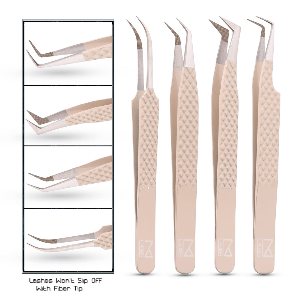 M LASH Tweezers for Eyelash Extensions (Set of 4) - Professional Lash Extension Tweezers - Fiber Tip, Japanese Steel, Diamond Grip Eyelash Extension Tweezer set (ET-Neu)