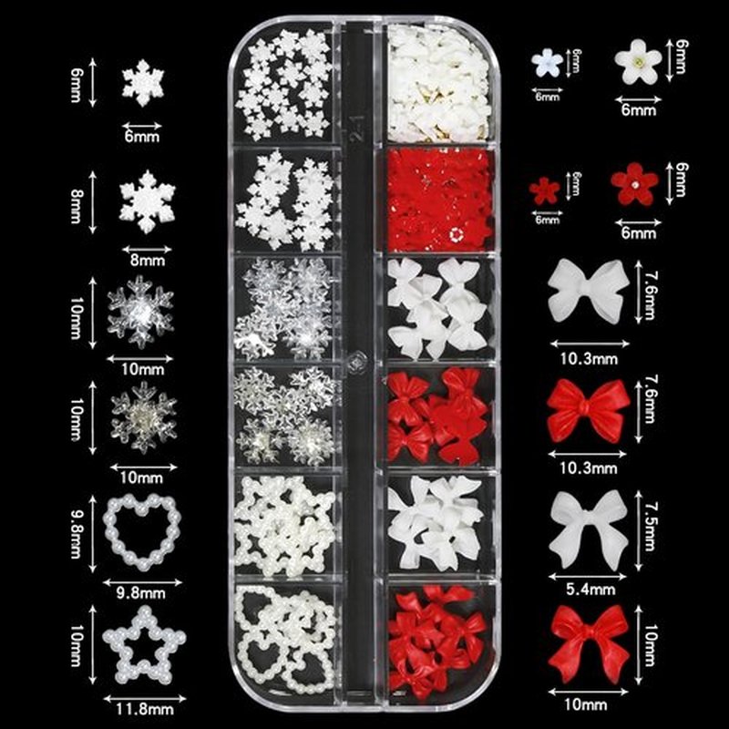 Christmas Nail Charms - 3D Bow Nail Charms, Pearls, Red & Green Nail Rhinestones, Santa, Snowman, White Snowflake, Metal Caviar Beads, with Kit, for Nail Art, Gift