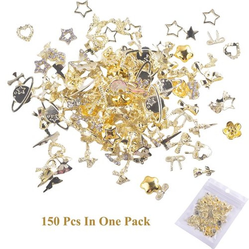 eswala Gold Nail Charms Bulk 150pcs 3D Nail Art Charms Kit, Nail Charms Butterfly Bow Cross Star Heart Flower Nail Charms and Gems Y2K,Metal Nail Rhinestone and Charms (Gold Nail Charms mix), Medium