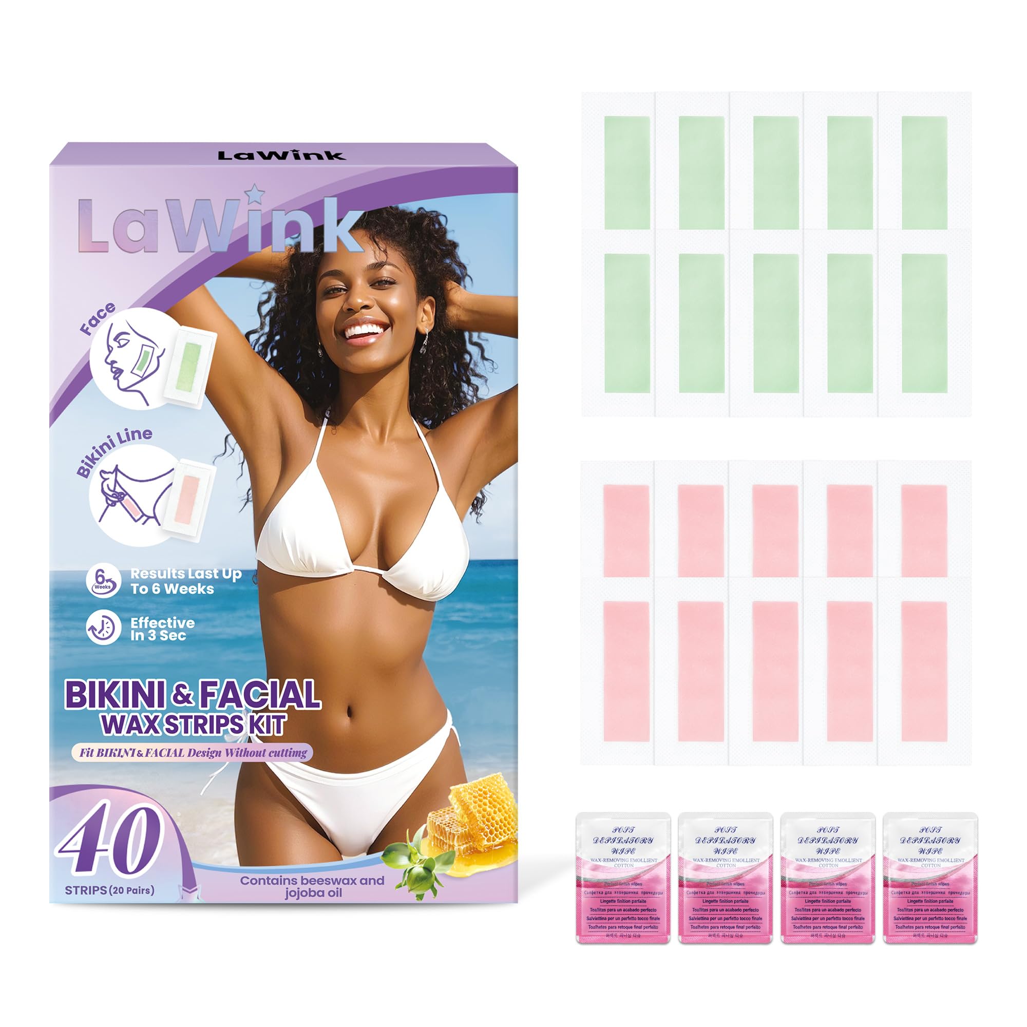 LAWINK Wax Strips for Hair Removal, 40Pcs Facial Hair Removal for Women Bikini Waxing Strips Kit with 4 Calming Oil Wipes, Body Waxing Kit for Face, Bikini, Chest, Body, Arms, Legs, Back, & Brazilian