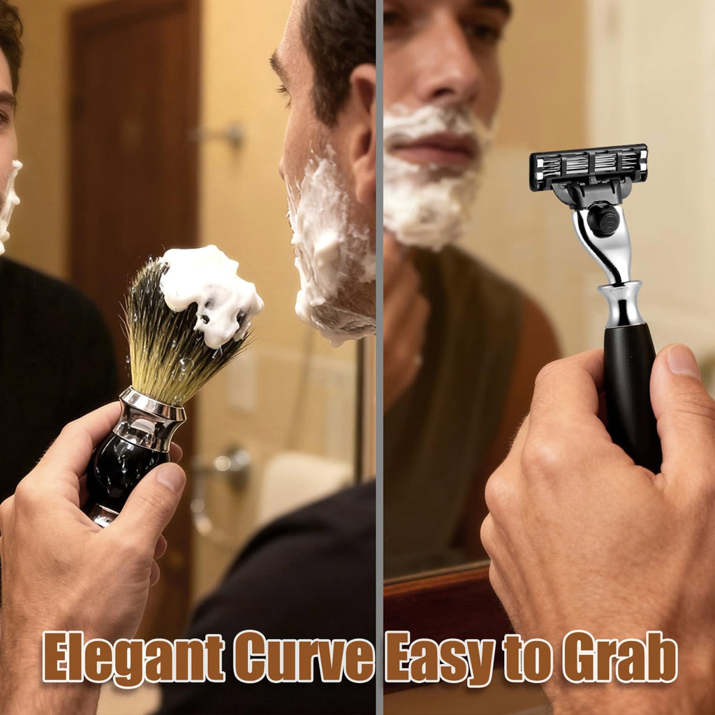 GRUTTI Premium Shaving Kit for Men, 4 in 1 Shaving Set Includes Shaving Stand & Soap Bowl &Brush, Deluxe Safety Mens Razor Holder with Non Slip Base Shaving Kit compatible with Mach 3