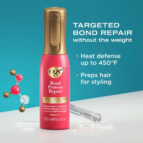 OGX Repair & Protect Bond Protein Repair Haircare Set, Lightweight Shampoo & Conditioner for Damaged Hair, 450°F Heat Protect Spray for weightless damage protection, 3 Items
