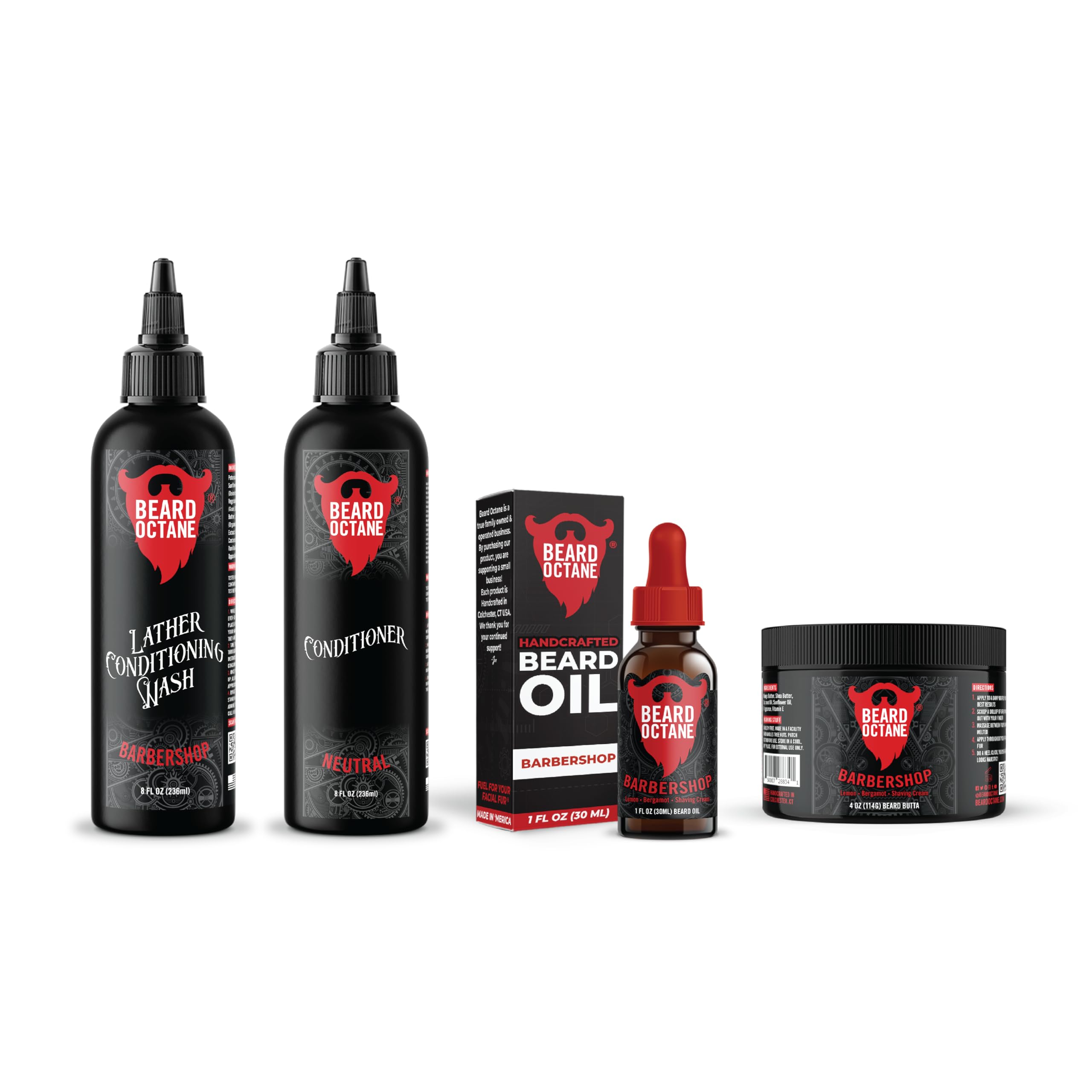 Beard Octane Total Beard Grooming Kit - Wash, Conditioner, Oil & Butter - Beard Care with Jojoba & Argan Oil (Barbershop - Shaving Cream, Lemon & Bergamot)