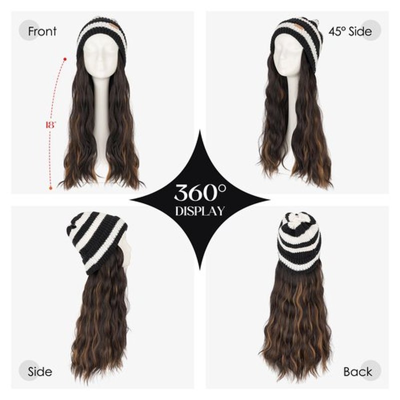 Hairro Hats With Hair Attached For Women Beanie Wig Synthetic Wavy Knitted Hat For Winter Warm Pom Pom Slouchy Cable Hat 18" 240g #4P27 Medium Brown&Dark Blonde