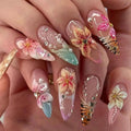 Flower Press on Nails Long Stiletto Fake Nails Press ons with Flower Rhinestone Leopard Print French Designs Acrylic Blue Pink French Glue on Nails for Women 24 Pcs