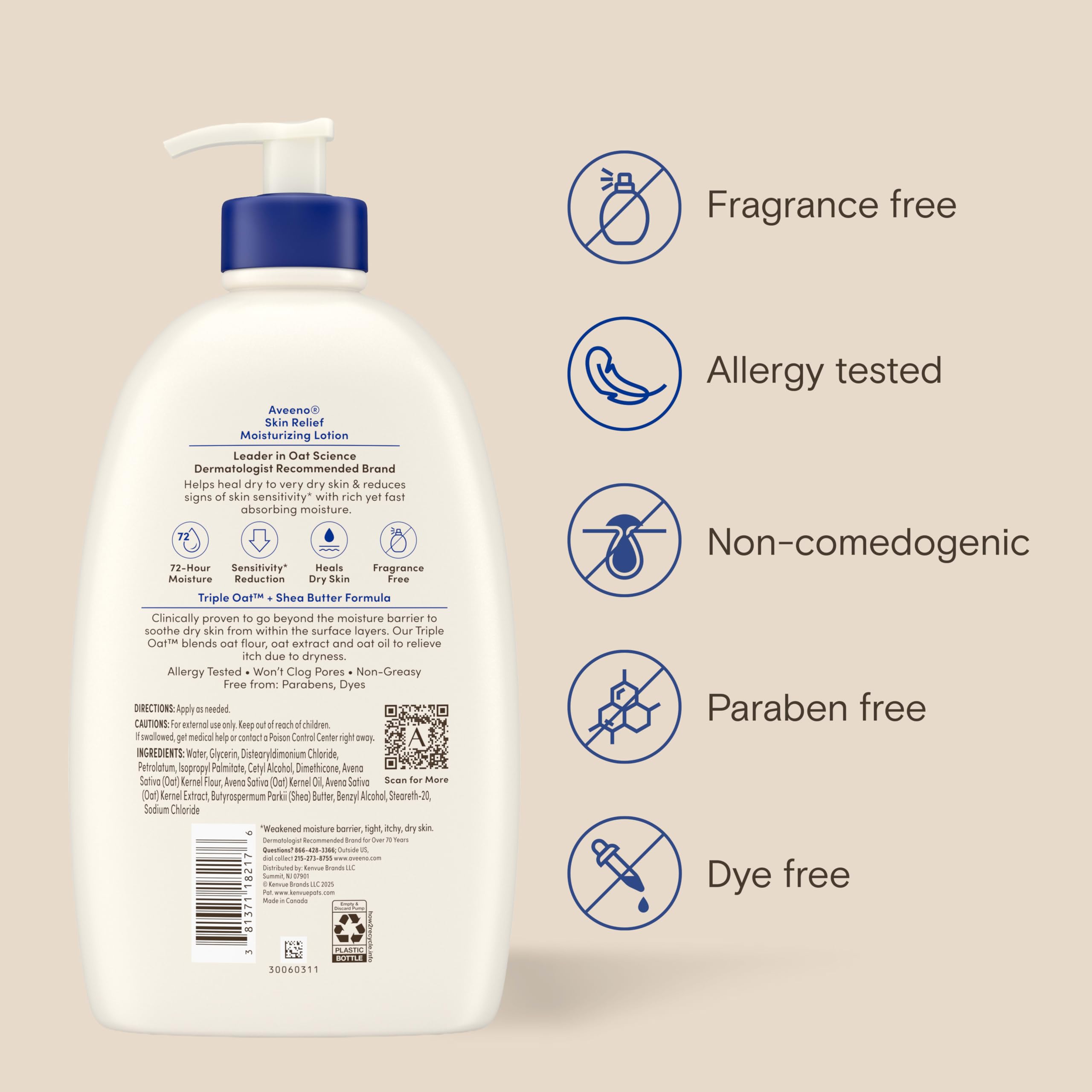 Aveeno Skin Relief Moisturizing Body Lotion Heals Very Dry, Sensitive Skin, Fast-Absorbing Lotion with Soothing Triple Oat & Shea Butter Formula, Fragrance Free Lotion, Non-Comedogenic, 33 Fl Oz