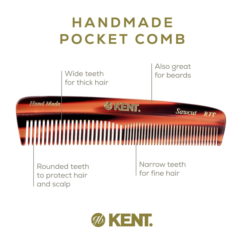 Kent R7T Fine and Wide Tooth Hair Comb, Handmade Pocket Comb for Men, Beard and Mustache Combs for Everyday Grooming and Styling, Sawcut Kent Combs, Made in England