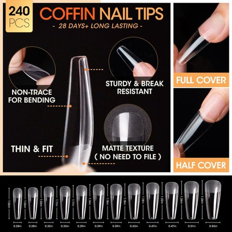 Gellen Gel X Nail Tips and Glue Kit - 240PCS Coffin Tips, 3-in-1 Glue, Portable LED Lamp, Primer, Dehydrator - DIY Nail Art Home Extension Kit