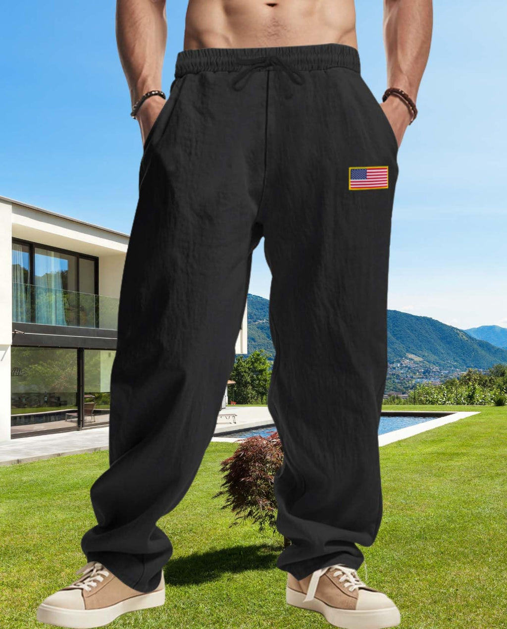 Zhyaj Linen Casual Pants for Men American Flag Graphic Splicing Hip Hop Trousers Elastic Waist Drawstring Sweatpants Pants with Pockets Black
