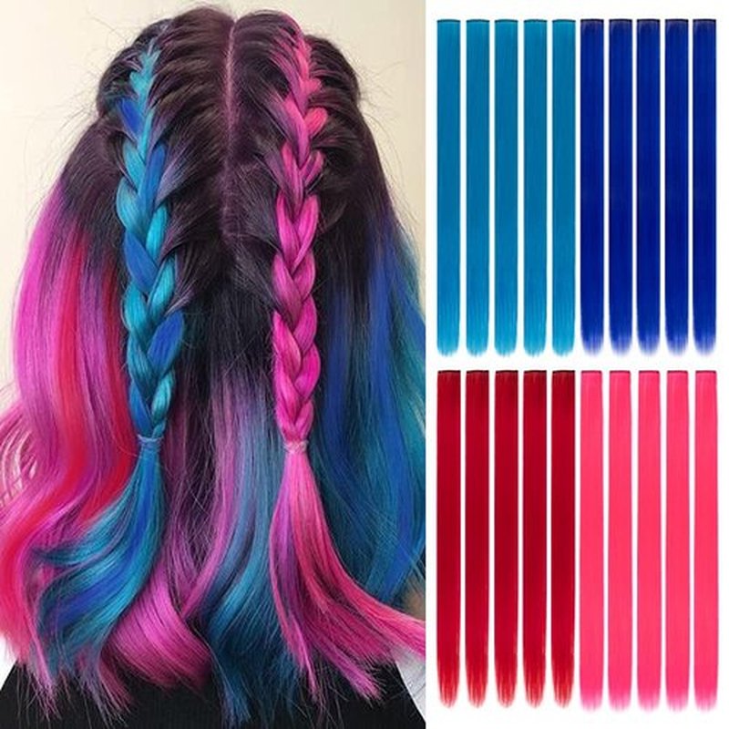 20 Packs Colored Hair Extensions 20Inch Straight Multi-Colors Party Highlights Clip In Hair Extension Synthetic Rainbow Hairpieces for Girls Gift(Blue, Navy Blue, Red, Pink)
