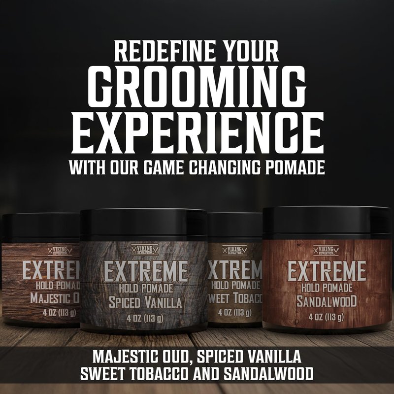 Viking Revolution Sandalwood Hair Pomade for Men - Extreme Hold Water-Based Hair Gel - Extra Firm Strong Hold With High Shine - Mens Pomade (4oz)