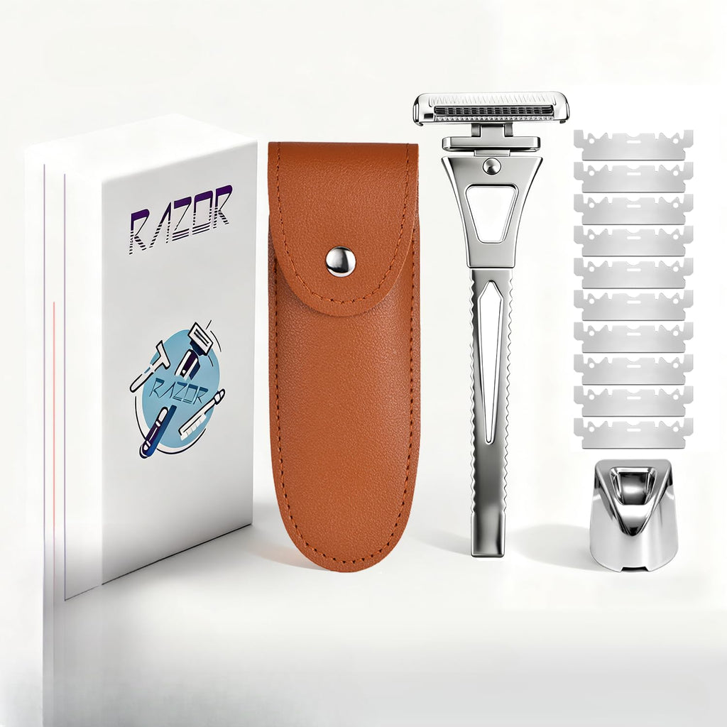 4-Layer Half-Blade Safety Razor- Flexible Head & Alloy Handle, with 10 Coated Blades, Leather Travel Case & Metal Stand - For Face and Body Shaving (Silver)