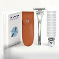 4-Layer Half-Blade Safety Razor- Flexible Head & Alloy Handle, with 10 Coated Blades, Leather Travel Case & Metal Stand - For Face and Body Shaving (Silver)