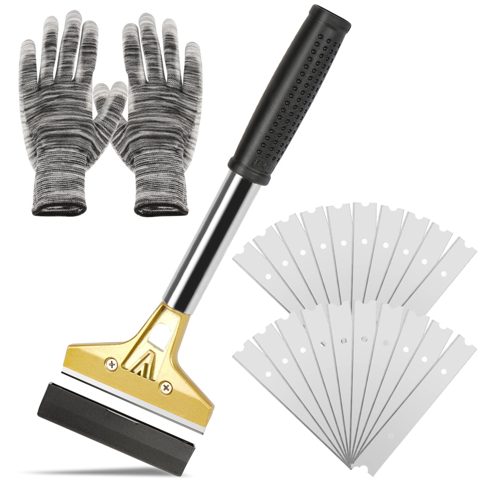 wanguan Razor Blade Scraper,Floor Scraper Tool with 20PCS Extra Blades,Paint Scraper Ideal for Cleaning Stove Top,Windows,Glass,Tiles,Wall,Labels.(4 in,Metal)