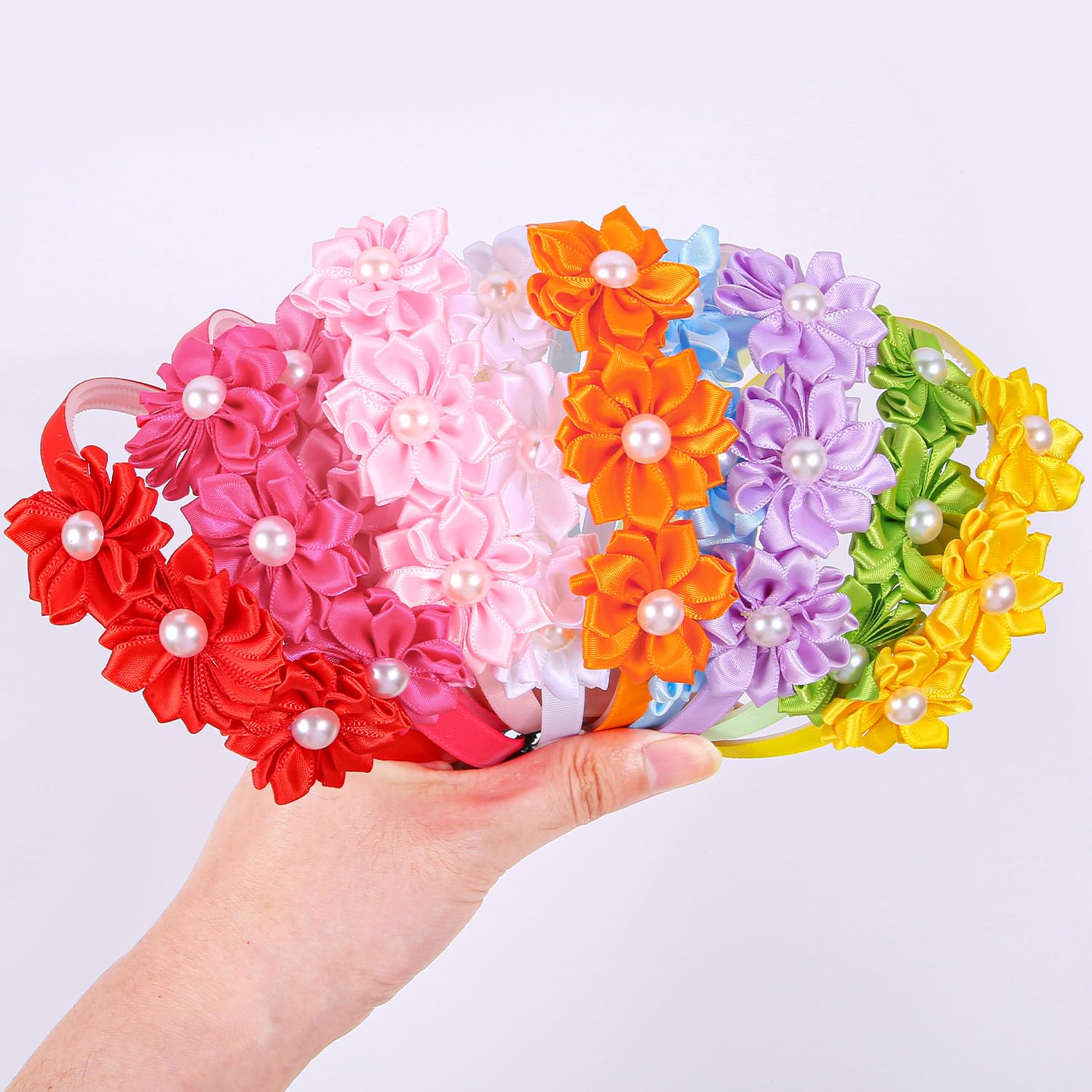 XIMA Pearl Flower Headbands for Girls,Satin Hair Bands with Flowers, Multiple Colors Pack of 10