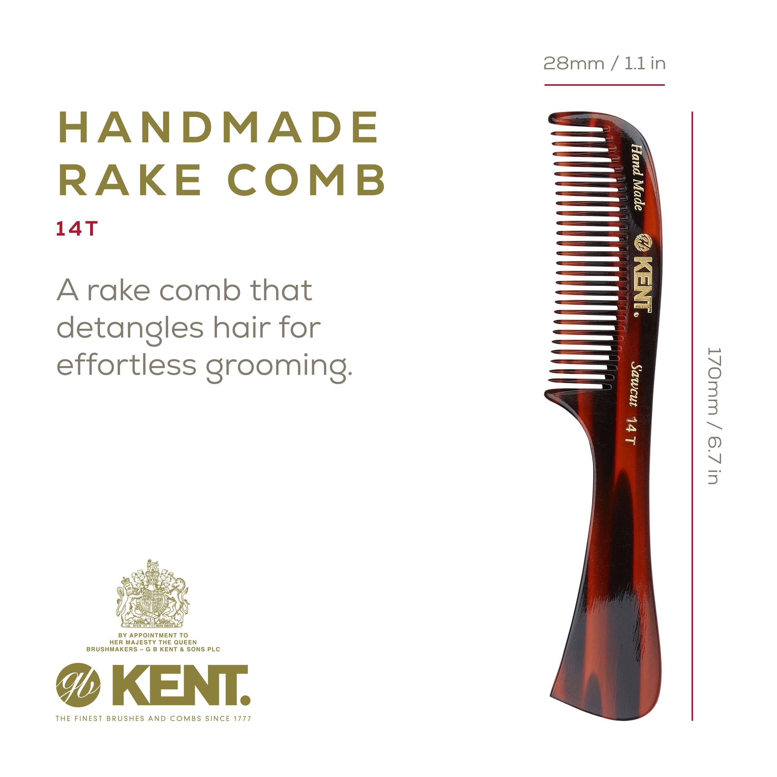 Kent 14T Tortoise Large Detangling Comb, Wide Teeth for Long Thick Curly Wavy Hair. Hair Detangler Comb For Wet and Dry. Saw-Cut from Cellulose and Hand Polished, Handmade in England