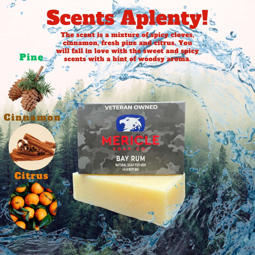Mericle Soap Co. All Natural Bar Soap, 3 Bar Variety Pack- Bay Rum, Sweet Tobacco, & Pine Tar | Fan Favorites | Made in the USA | Veteran-Owned | Ideal for Men