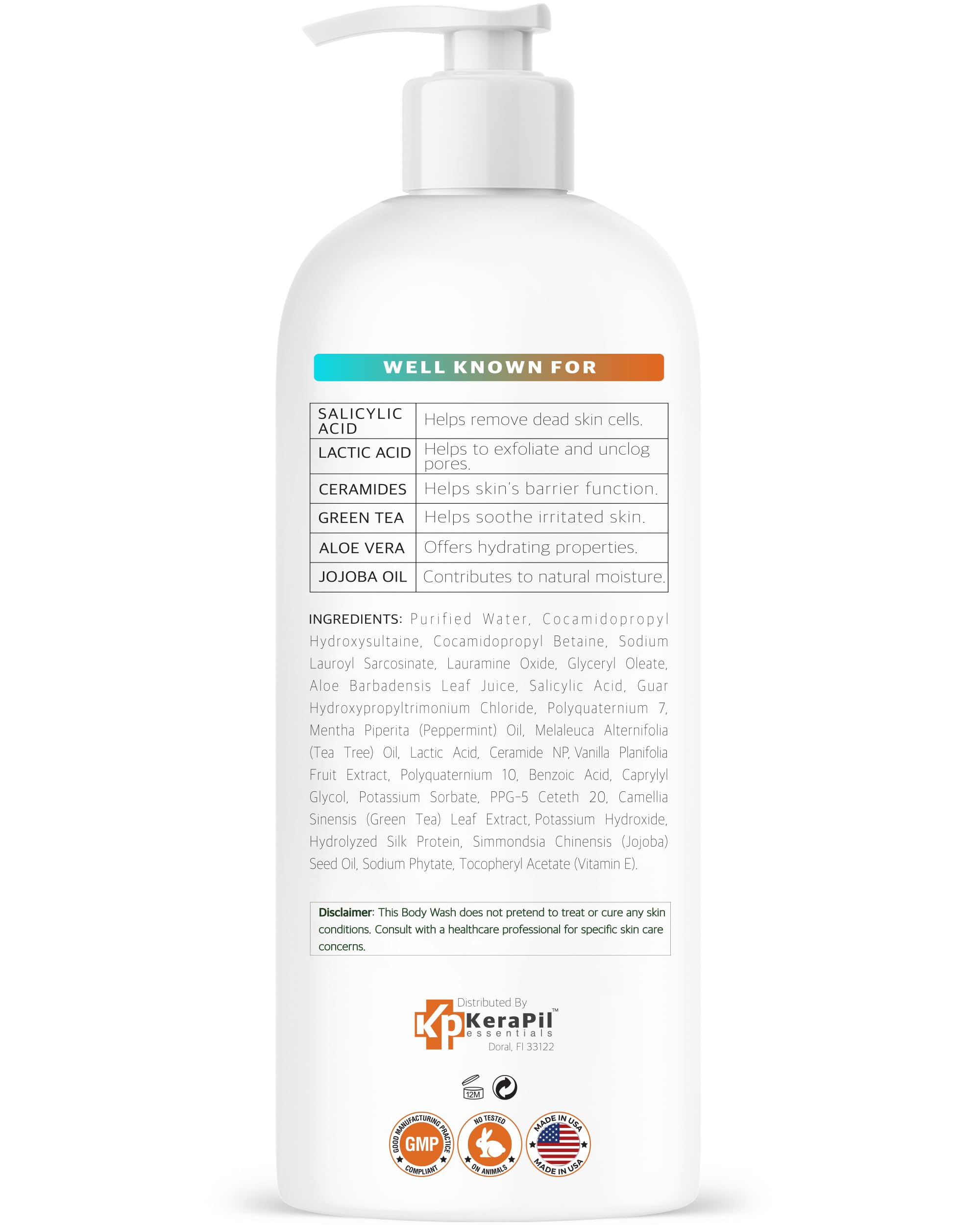 KERAPIL Exfoliating Body Wash with Salicylic Acid, Unscented, 16 fl oz