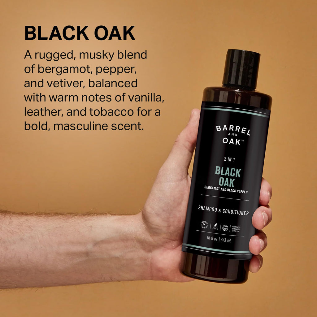 Barrel & Oak 2-in-1 Men's Shampoo and Conditioner, Cleanses Hair & Scalp, Multi-Use Hair Products for Men, Vegan Shampoo and Conditioner, Black Oak, 16 oz