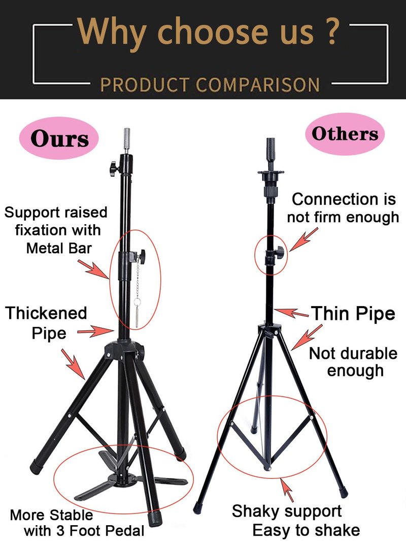 Upgraded Wig Stand Tripod, 55" Heavy Duty Reinforced Adjustable Mannequin Head Stand Tripod for Styling Cosmetology Hairdressing Training, Metal Wig Head Stand Holder with Wig Caps,Paddle Comb T-Pins (55" Black Tripod with Pedal)