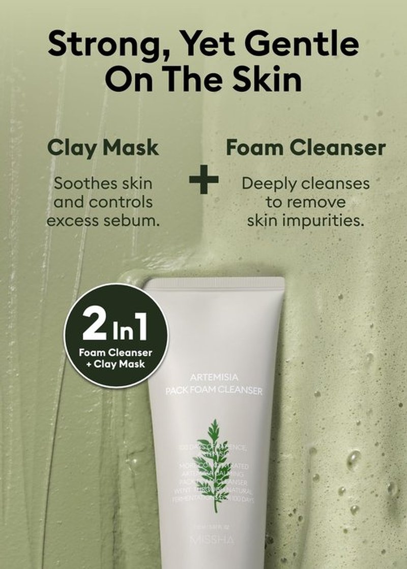 MISSHA Artemisia Pack Foam Cleanser 5.07 Fl oz/ 150ml, 2-in-1 Korean Facial Cleanser & Clay Mask with Double-Fermented Mugwort Extract, Soothes Sensitive Skin