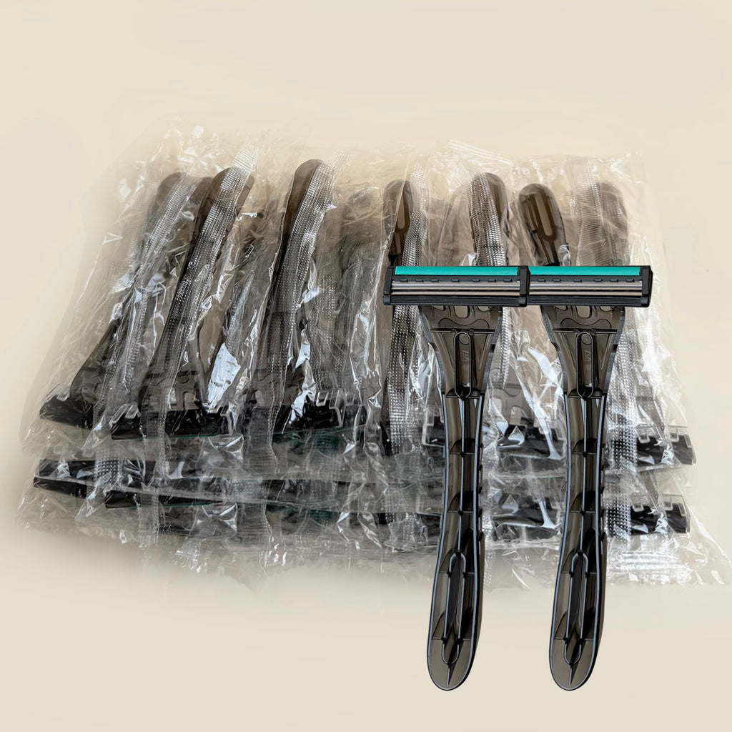 Disposable 3 Blades Razors Bulk, Travel Size Individually Wrapped Manual Razors with Stainless Steel Blade (Grey) (50)