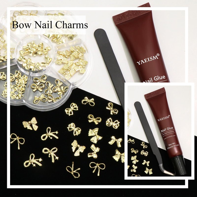 YAEISM Bow Nail Charms Gold 3D Bowknot Nail Bow Charms 70PCS Bow Nail Art Charms Kits with Glue Gel,Tweezer for Nail Art and DIY Crafts Decoration