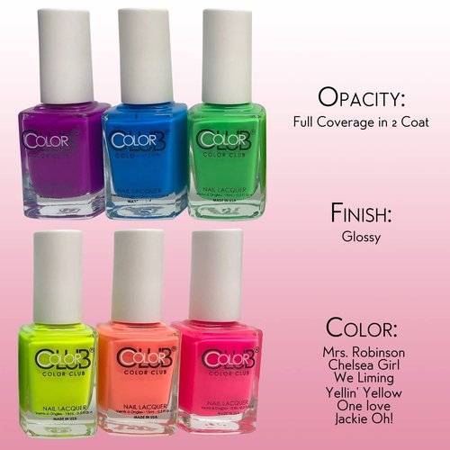 Color Club Neon Nail Lacquer Set - 6 Vibrant Shades for Salon-Quality Manicures and Art