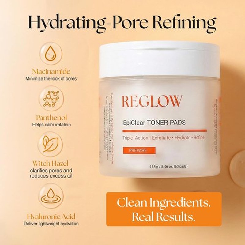 ReGlow EpiClear Toner Pads - Exfoliating Facial Pads with PHA, AHA, BHA & Niacinamide | Hydrating & Resurfacing Daily Peel - 60 Pads