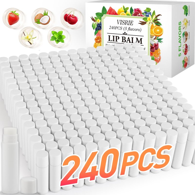 VISRIE 240 Pack Lip Balm Unlabeled, Natural Lip Balm Bulk Blank Tube, Personalized Lip Balms for Party Favors Adults and Bridal Shower Favors or Baby Shower Gifts-5 Flavors
