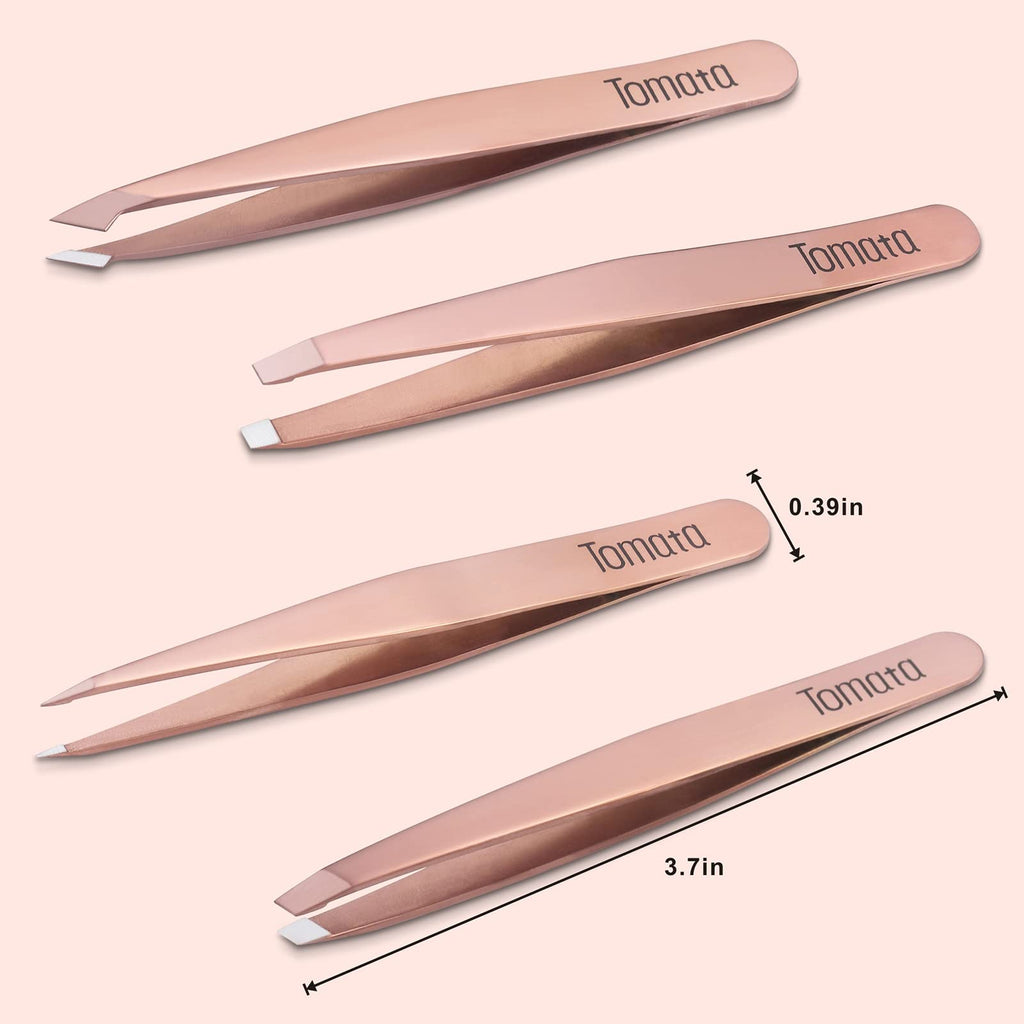 TomataTweezers for Eyebrows, Slant Tip and Pointed Eyebrow Tweezer Set Great Precision for Eyebrows Facial Hair, Ingrown Hair, Splinter, Blackhead and Tick Remover (4-piece)
