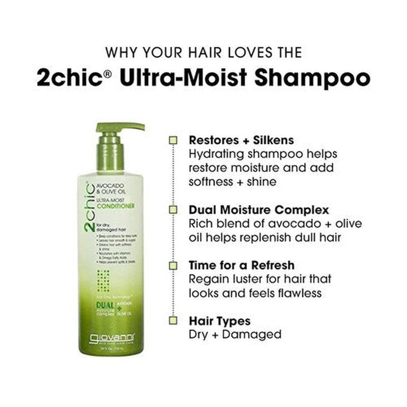 Giovanni 2Chic Ultra-Moist Shampoo & Conditioner Set - Nourishing Avocado & Olive Oil, Sulfate-Free | 24 Fl Oz (2-Pack)