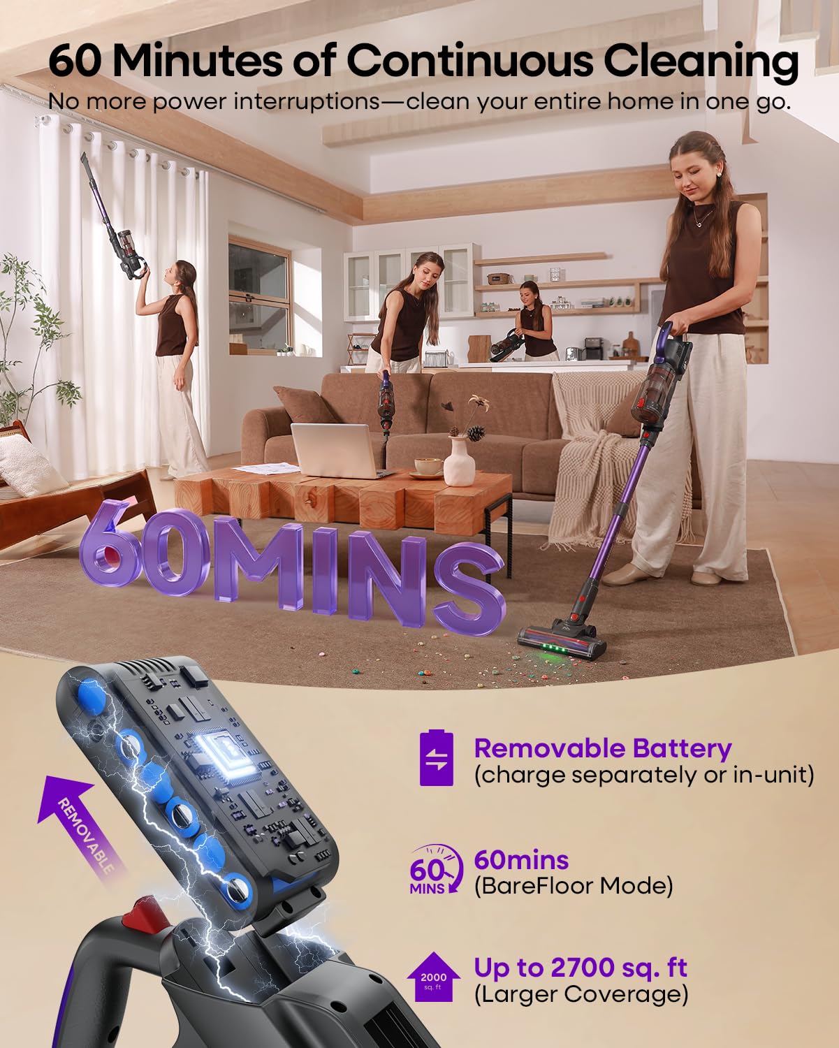 AlloyMove Cordless Vacuum Cleaner 45KPA/60MINS Stick Vacuum Cleaner for Home Use. Can be Used Upright. Rechargeable. Can be wall-Mounted. Suitable for Floors and Carpets.