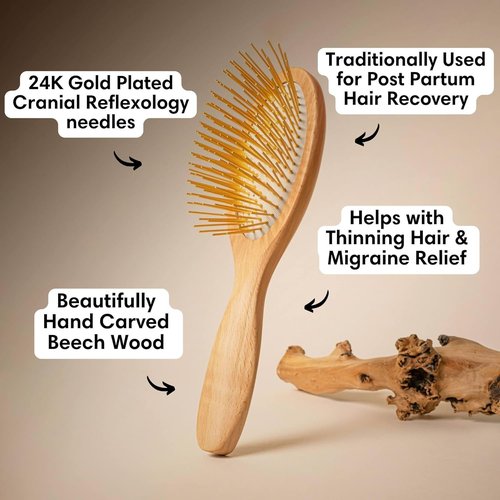 Snow Fox Skincare Gua Sha Hair Brush - Wooden Edition | Scalp Massage Tool with Gold-Plated Bristles for Healthy Hair