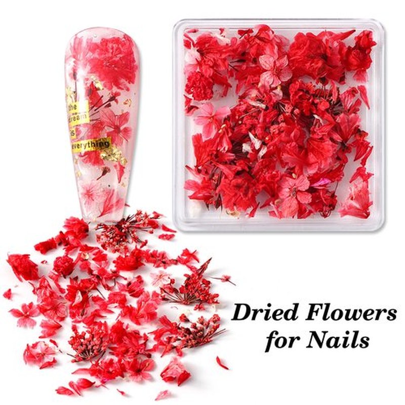 JERCLITY 4 Boxes Real Dried Flowers for Nail Art - Mini Red Pink Purple Gypsophila Stickers Decals Natural Dry Accessories for Women