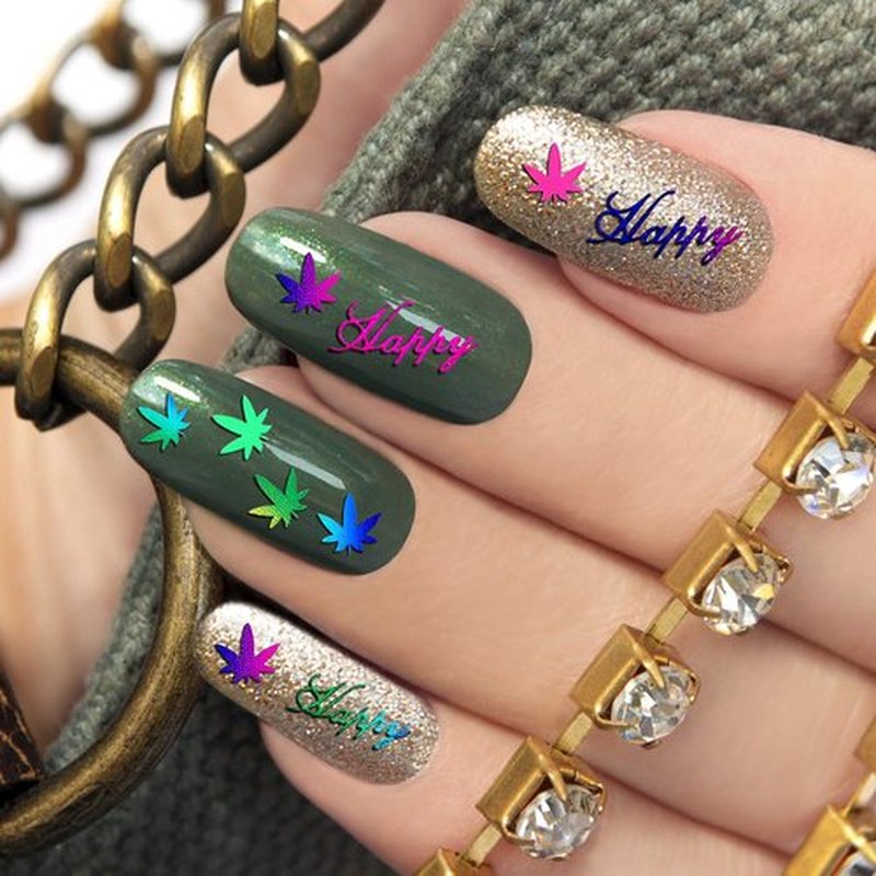 12 Sheets Colorful Leaf Nail Decals - Self-Adhesive Pot Leaves Nail Stickers for Women