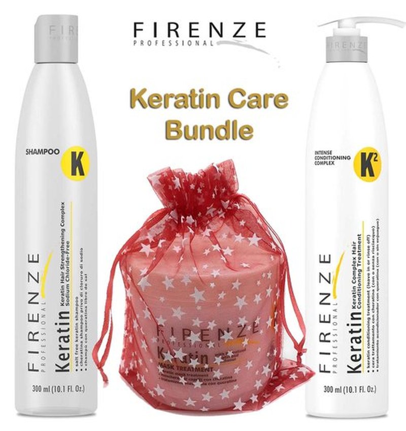 Firenze Professional Keratin Care Bundle - Keratin Shampoo, Intense Conditioner and Mask Treatment Pack with Free Red Gift Bag