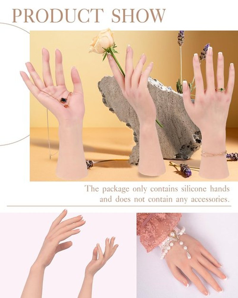 KUMIHO Realistic Silicone Female Hand Model - Fake for Jewelry Display, Tattoo Training, Practice Art Sketch With Nails, Right Hand With Skeleton, Brown