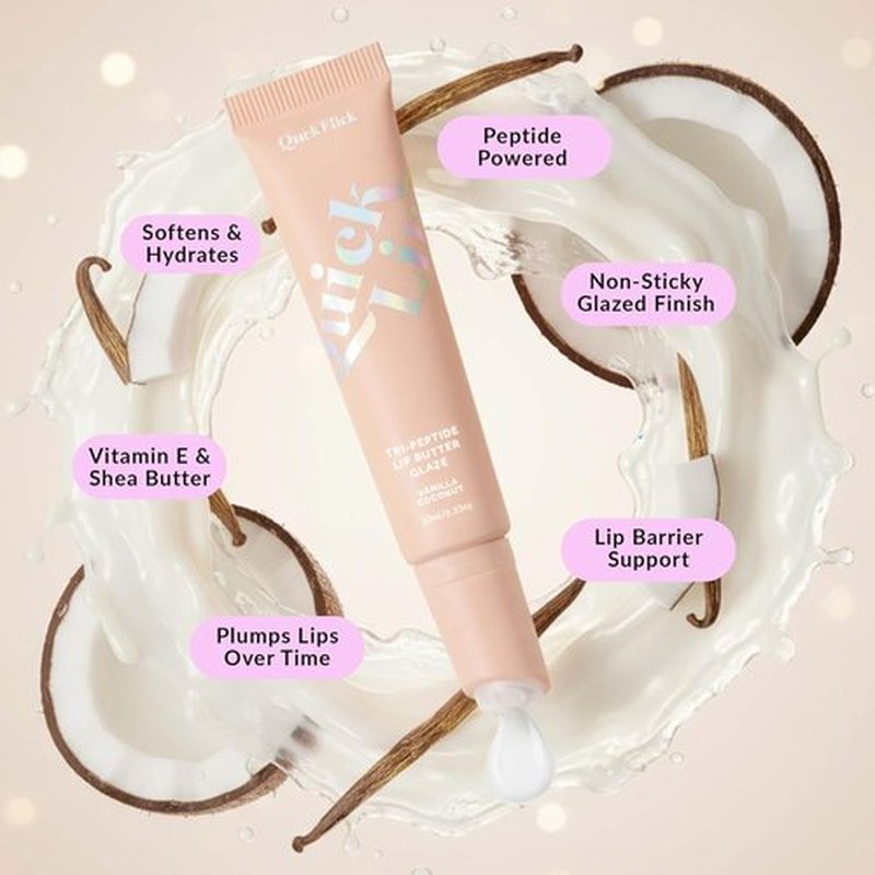 Quick Flick Tri-Peptide Lip Butter - Hydrating Vanilla Coconut Glaze | Clear Formula