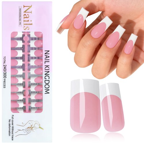 Lifextol 240PC White French Tip Press on Nails Medium Fake Nails Press ons with 5*Adhesive Tabs, Pink Square Acrylic Nail Press on Nail French Tip Nails False Artificial Fingernails Stick on Nails-G