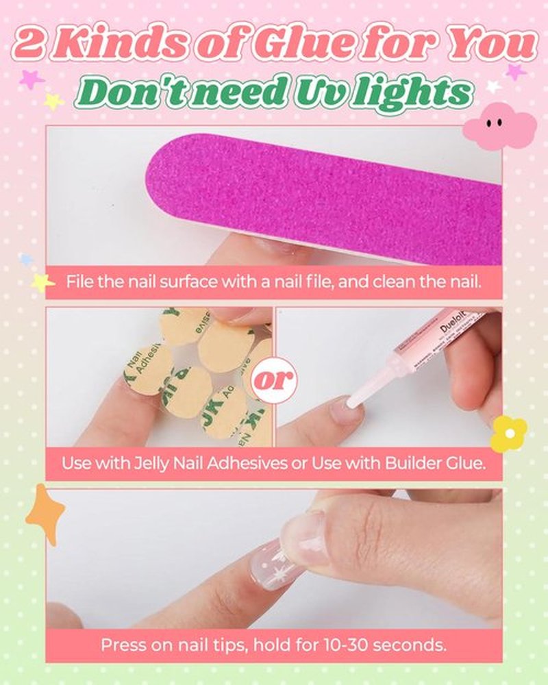 6-12 Years Press on Nails for Girls,3D French Fake Nails Kit with Jelly Adhesives & Builder Glue, 24pcs Reusable Glitter Full Cover Stick on Nails for Tweens