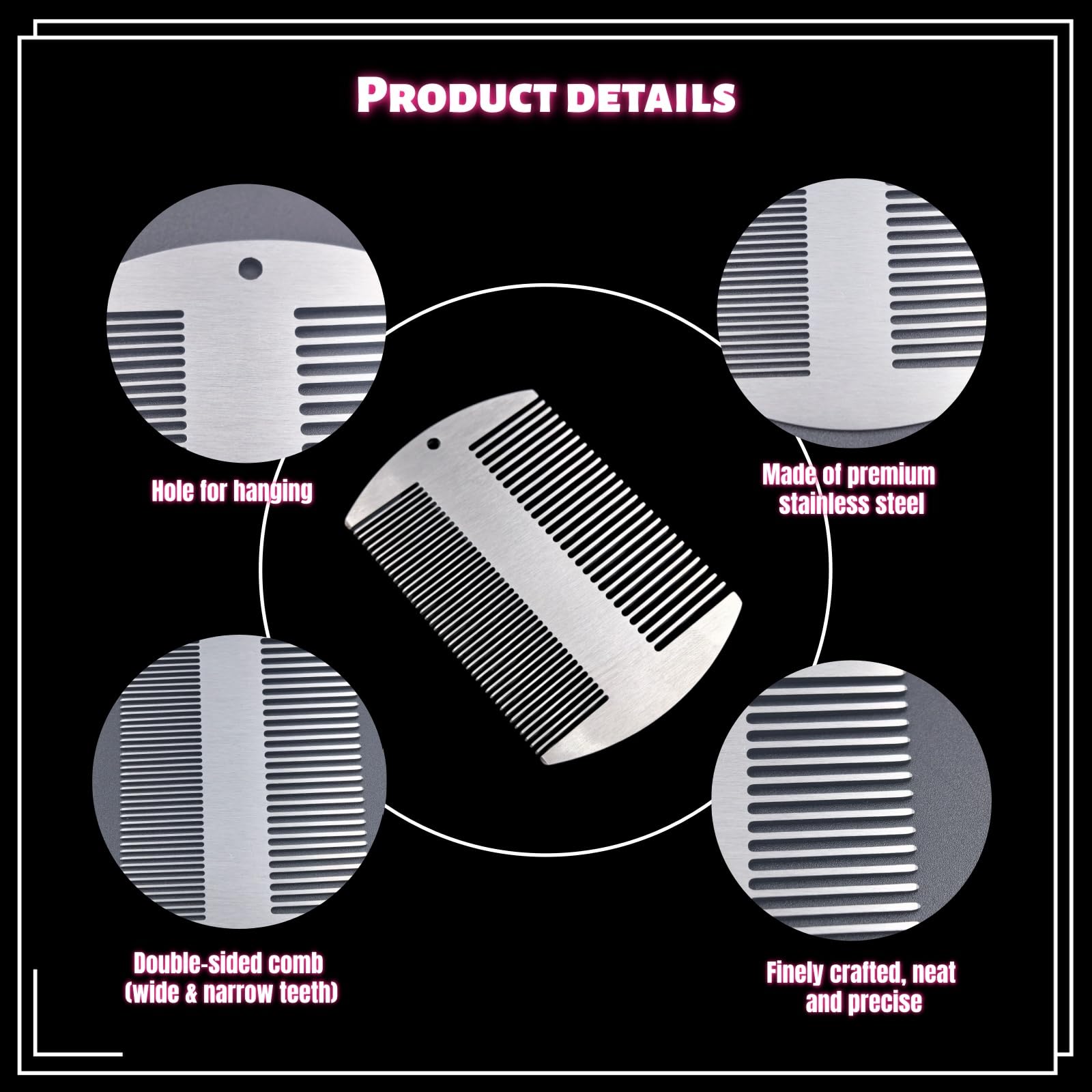 2 Pcs Metal Beard hair Comb for Men - Stainless Steel Pocket Mustache Comb, Dual Action Fine & Wide Teeth, Credit Card Size, Anti-Static, Lice Remover, Barber Styling - Silver