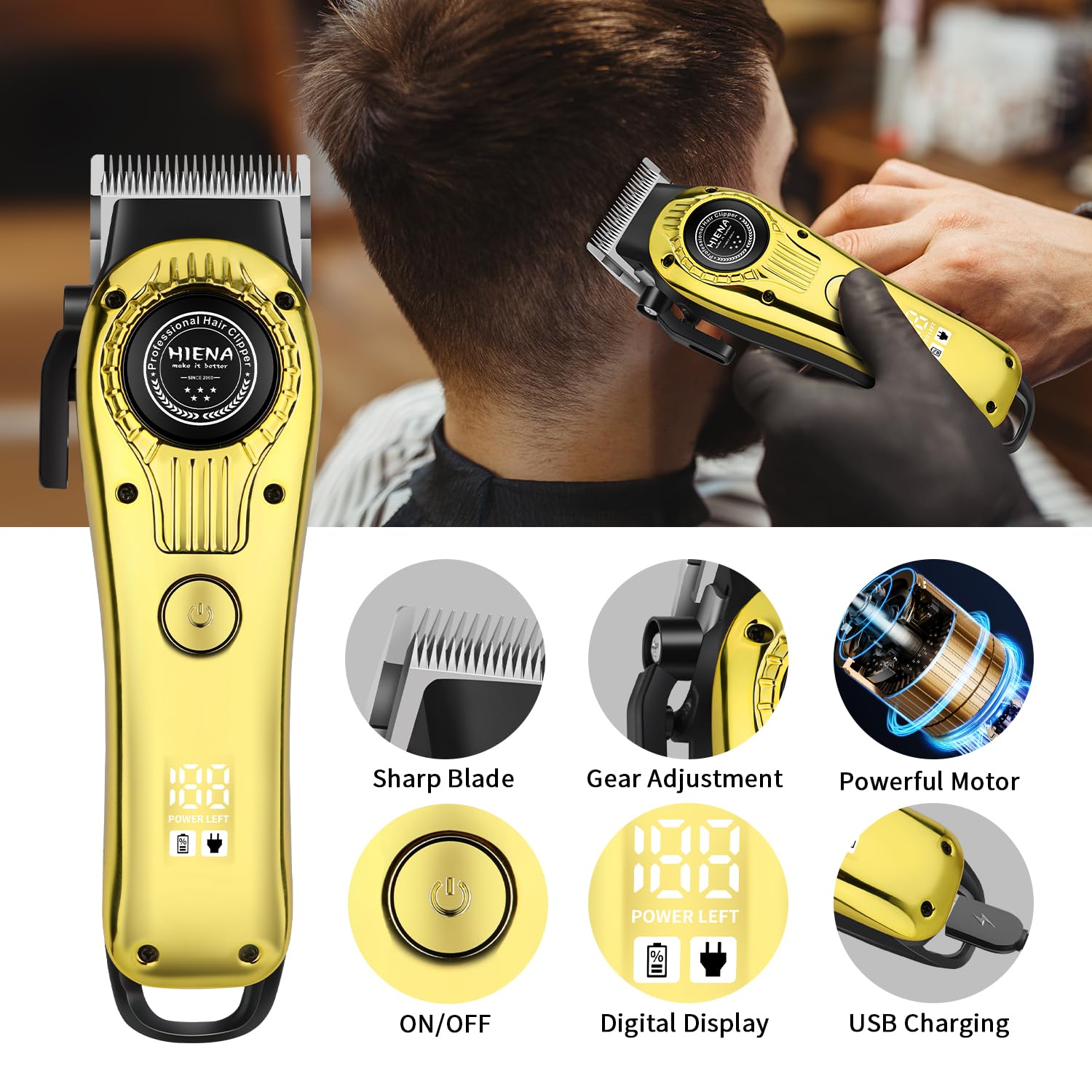 HIENA PRO Professional Hair Clippers for Men, Cordless Electric Hair Cutting, Cordless Rechargeable Hair Clipper with LED Display, Gifts for Men