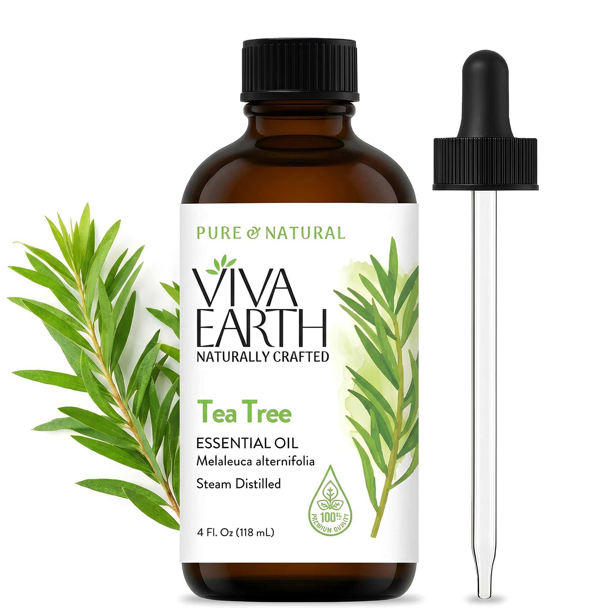 Viva Earth Tea Tree Essential Oil – 100% Pure and Natural Tea Tree Aroma for Diffusers, Aromatherapy, Hair and Scalp Care, Skin Care, Massage Oils, Soap and Candle Making – with Dropper, 4 oz