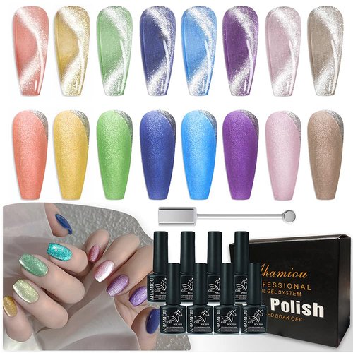 AHAMIOU Rainbow Holographic Cat Eye Gel Nail Polish - Magnetic Gel Polish with Rainbow Holographic Shine Effect - One Magnetic Stick (Set-8PCS)