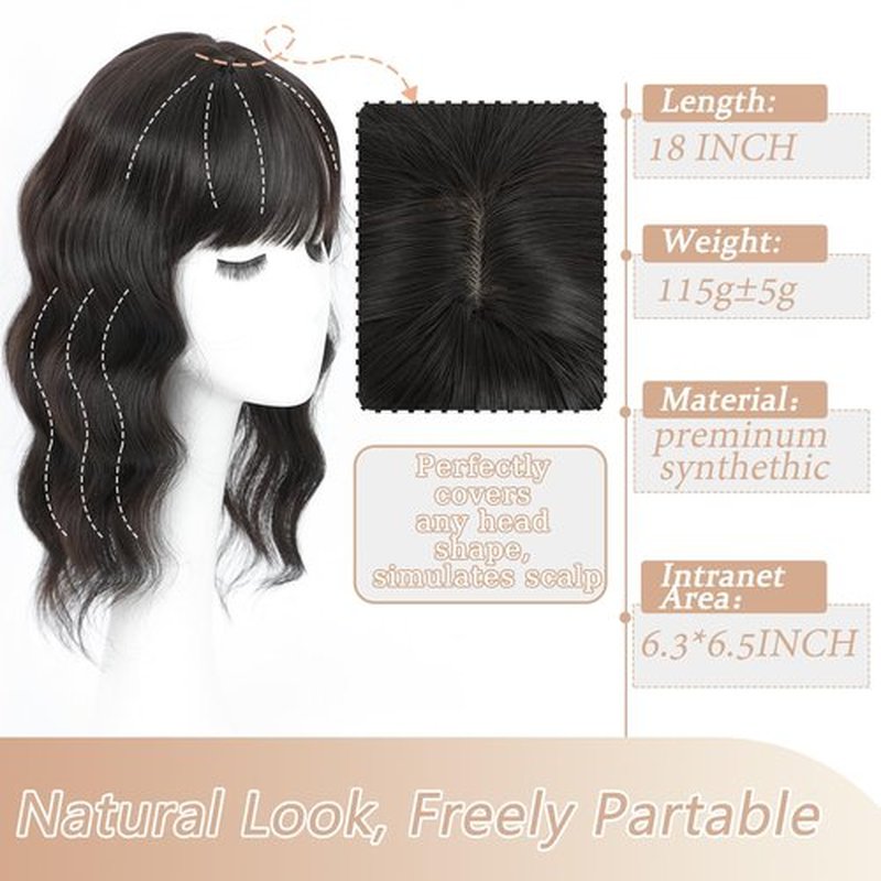 HAITOO Hair Toppers for Women, 18 Inch Toppers Hair Pieces for Women with Thinning Hair Wispy Clip in Bangs 360° 3D Big Coverage Base Curly Wavy (Dark Brown, 18Inch Wispy bangs)