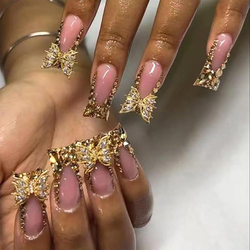 Duck Nails Press on Feet Fan Flared Fake Gold Butterfly Rhinestones Glitter French Tip Acrylic Reusable Stick on With Design for Women DIY Charm